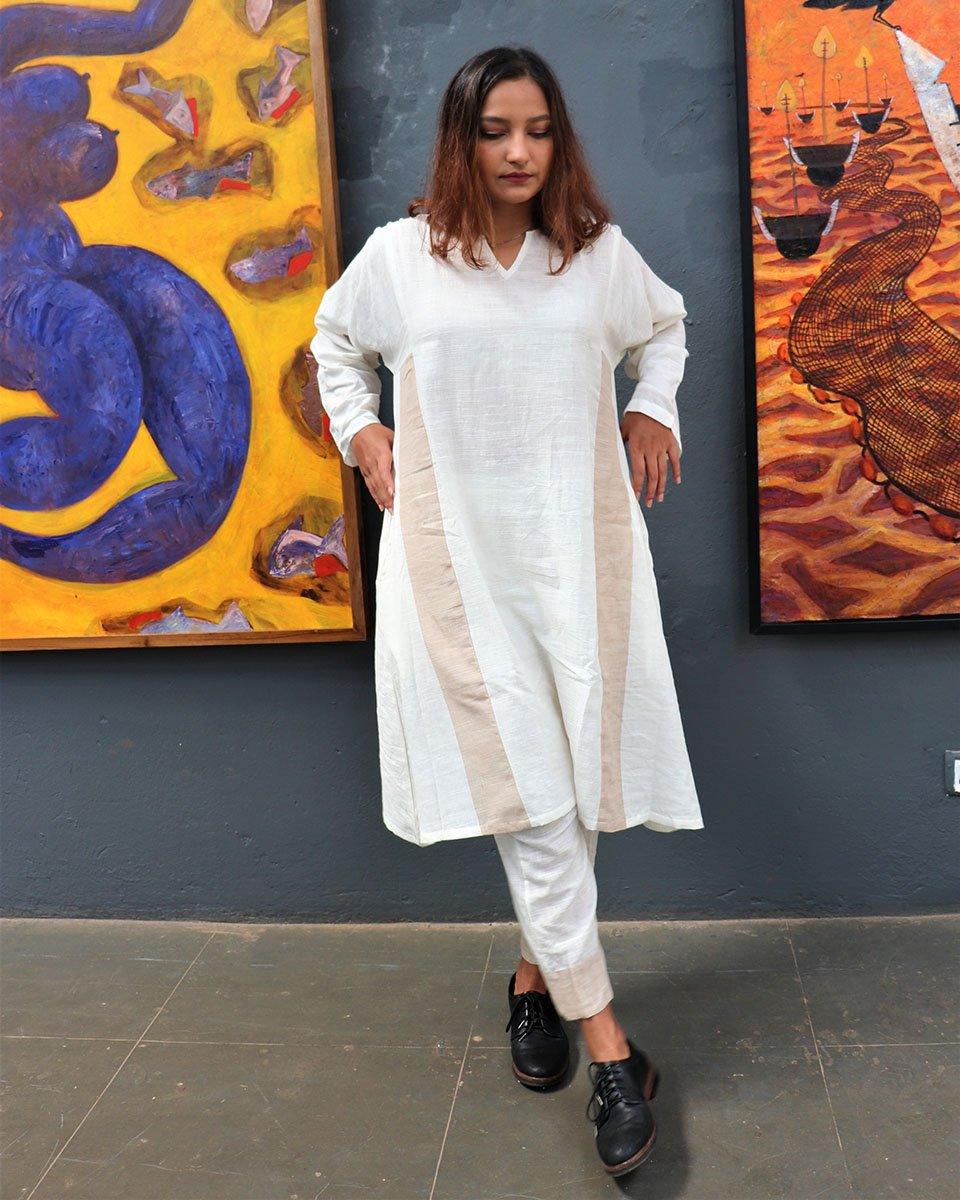 Handwoven Cotton Milk Kurta Set-Mog - Image 4