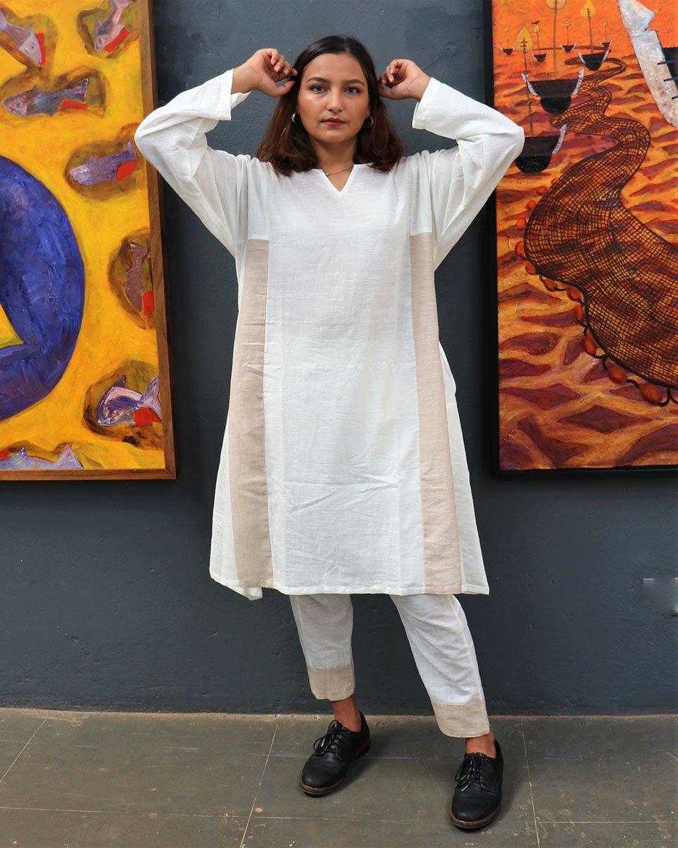 Handwoven Cotton Milk Kurta Set-Mog - Image 6