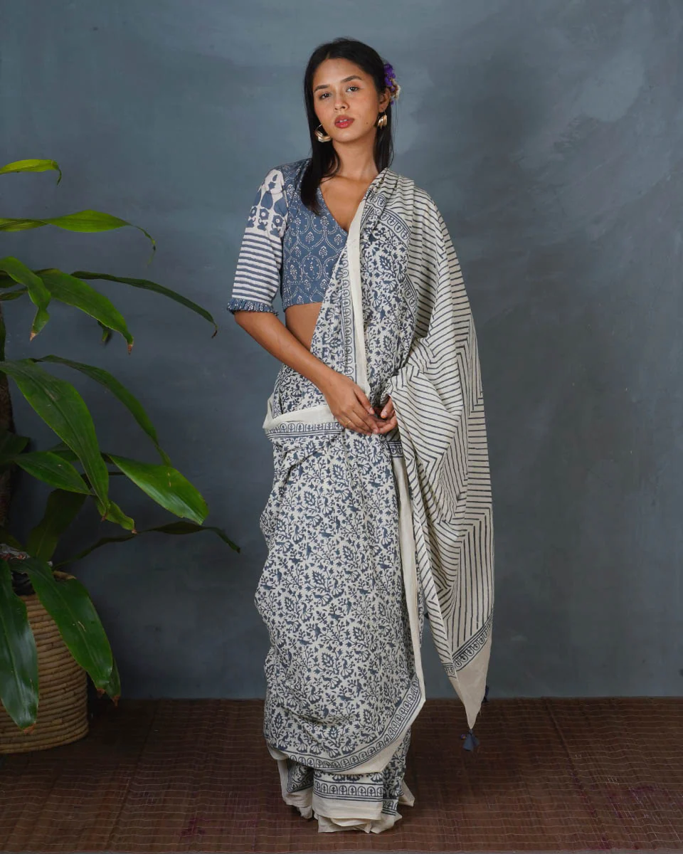 Haze Tide Ivory Block Printed Saree - BMS - Image 11