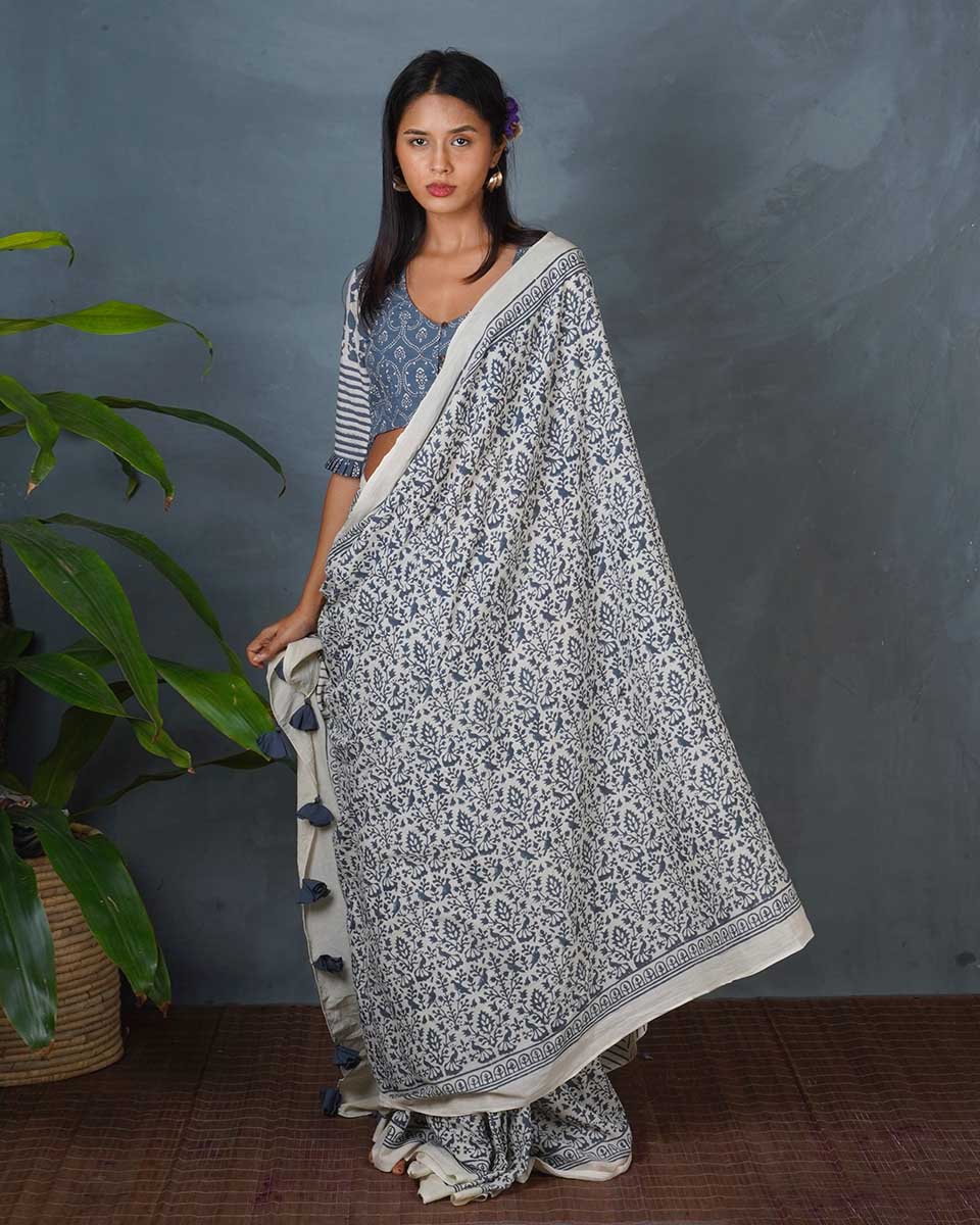 Haze Tide Ivory Block Printed Saree - BMS - Image 12