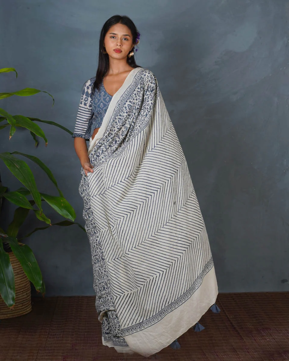 Haze Tide Ivory Block Printed Saree - BMS - Image 3
