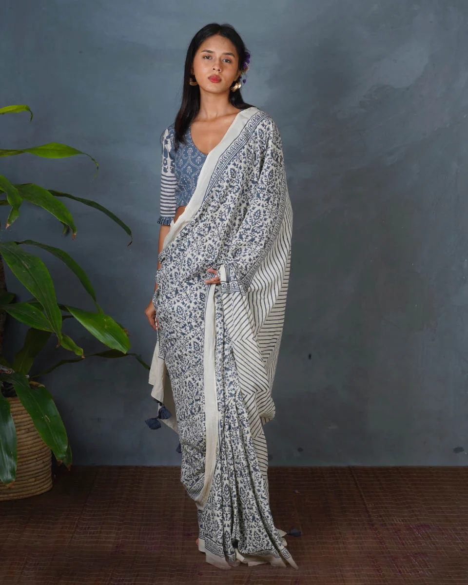 Haze Tide Ivory Block Printed Saree - BMS - Image 4