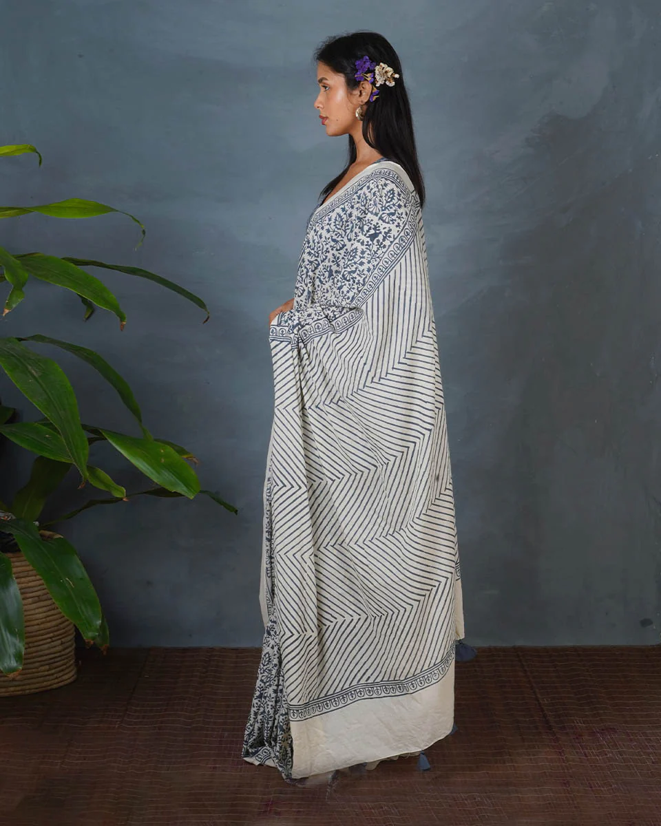 Haze Tide Ivory Block Printed Saree - BMS - Image 6
