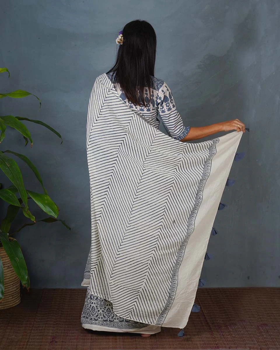 Haze Tide Ivory Block Printed Saree - BMS - Image 7