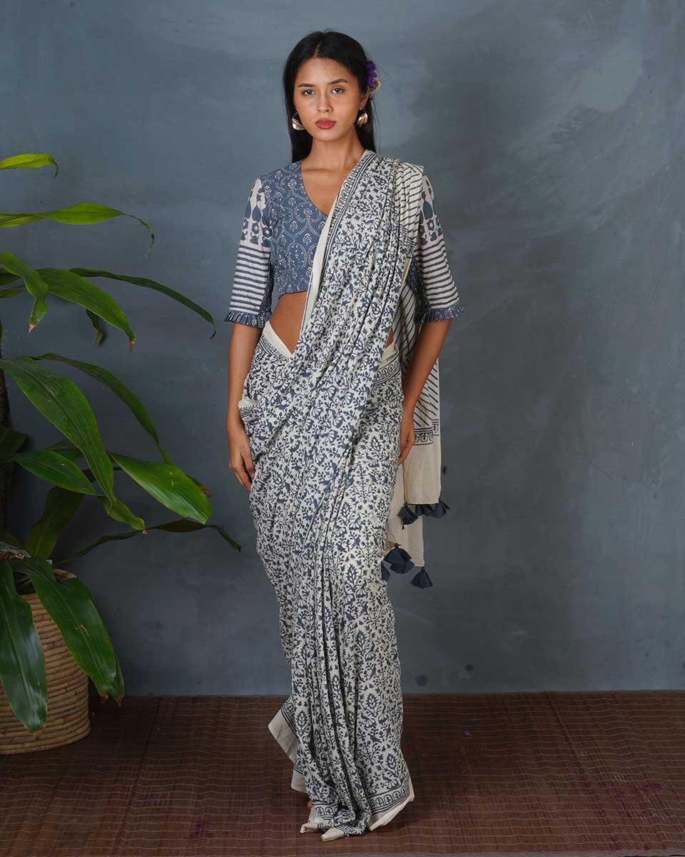 Haze Tide Ivory Block Printed Saree - BMS - Image 8