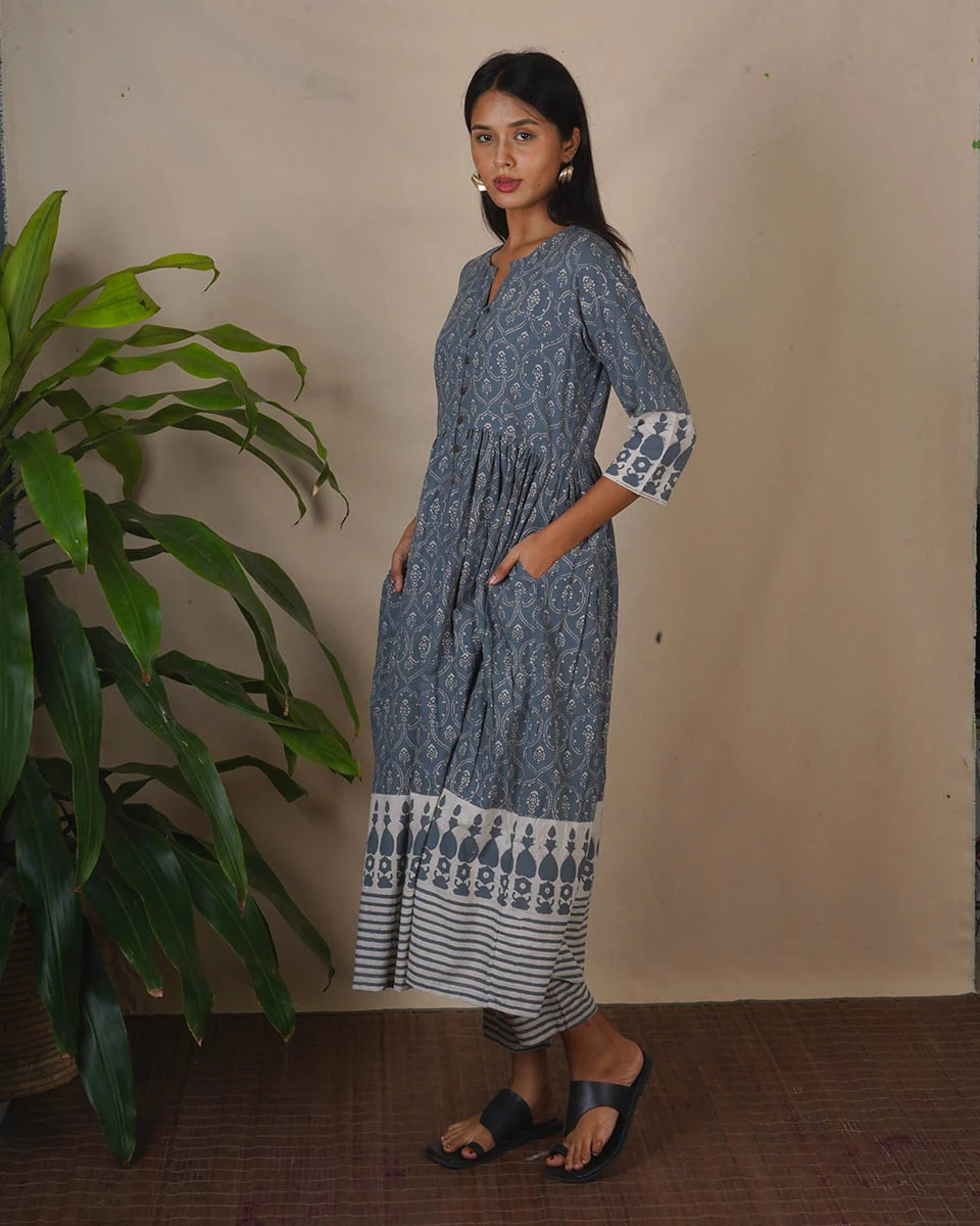 Hollow Dusk Grey Block Printed Kurta Set - BMS - Image 3