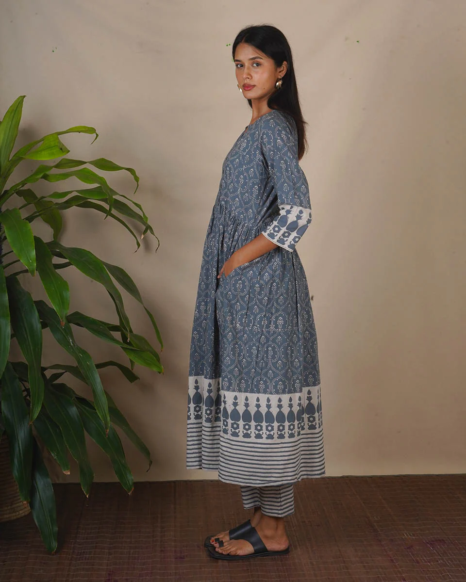 Hollow Dusk Grey Block Printed Kurta Set - BMS - Image 4
