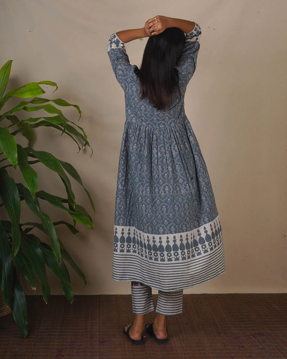 Hollow Dusk Grey Block Printed Kurta Set - BMS - Image 5