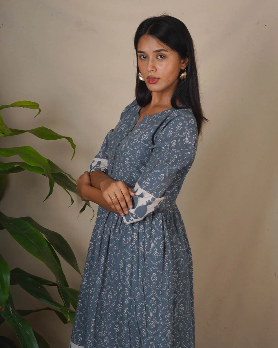 Hollow Dusk Grey Block Printed Kurta Set - BMS - Image 7