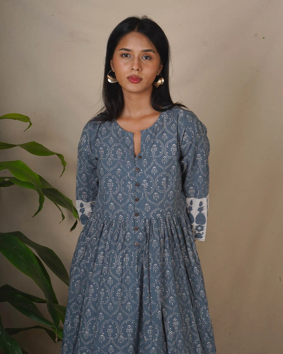 Hollow Dusk Grey Block Printed Kurta Set - BMS - Image 8