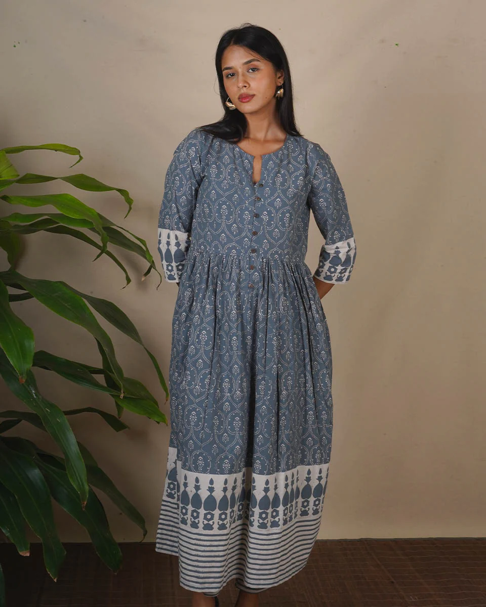 Hollow Dusk Grey Block Printed Kurta Set - BMS - Image 9