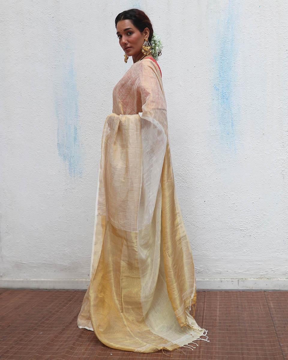 Indumukhi Golden Handwoven Linen Zari Saree - Onam - Image 10