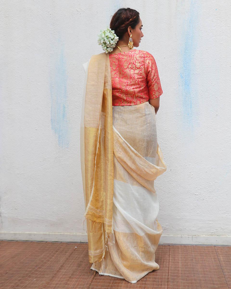 Indumukhi Golden Handwoven Linen Zari Saree - Onam - Image 12