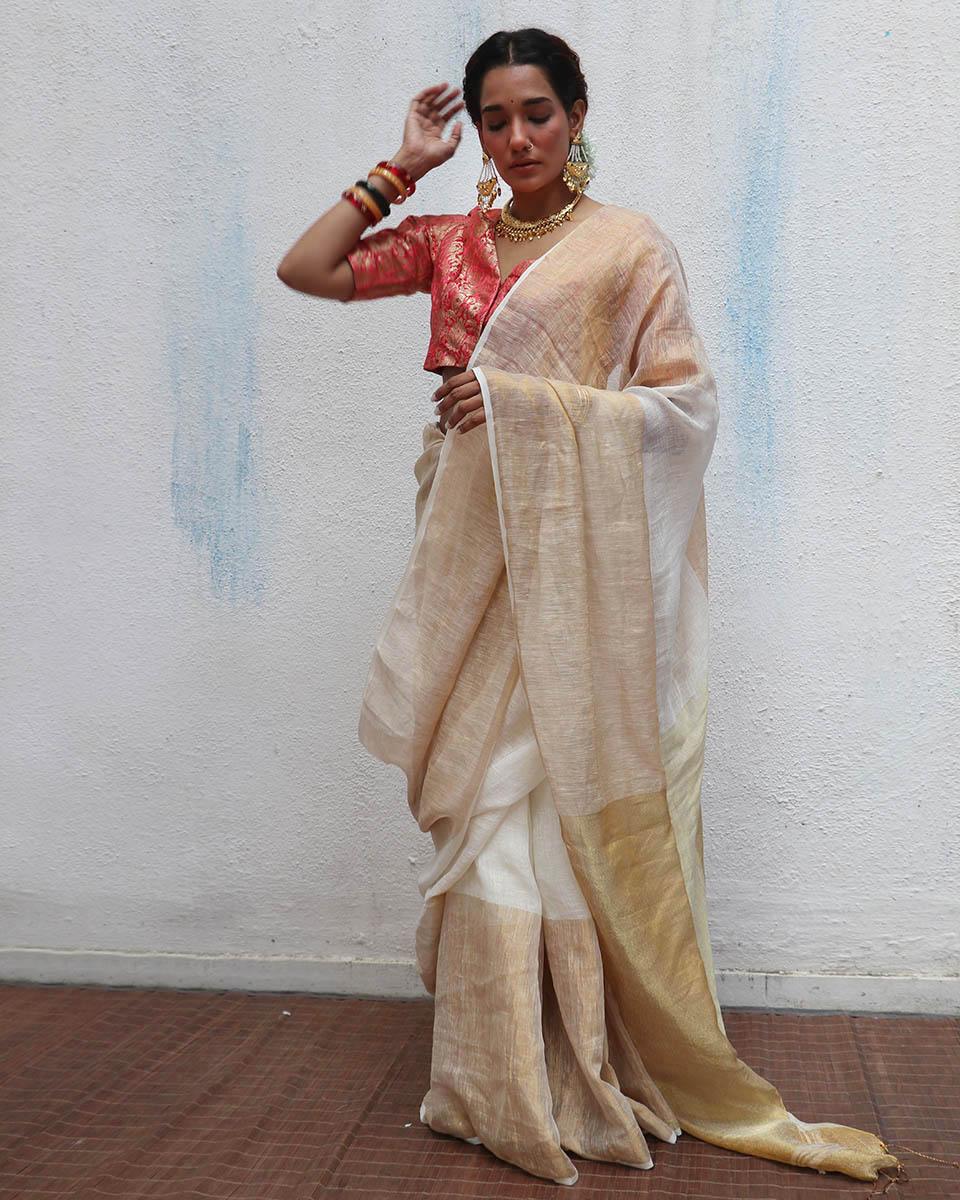 Indumukhi Golden Handwoven Linen Zari Saree - Onam - Image 2