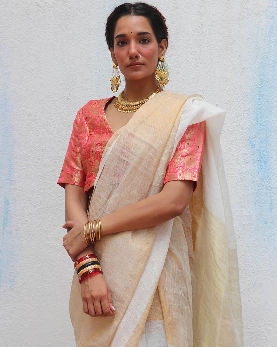 Indumukhi Golden Handwoven Linen Zari Saree - Onam - Image 5