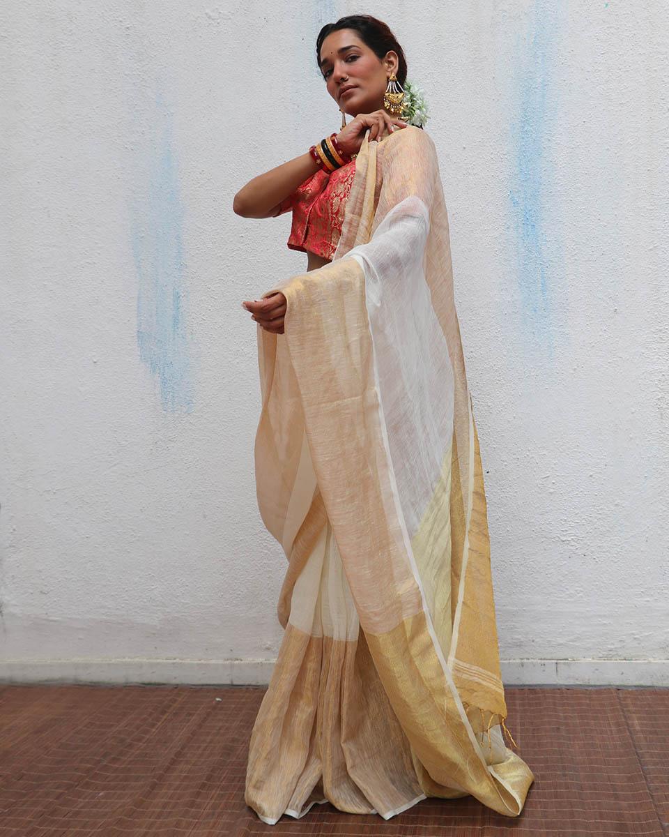 Indumukhi Golden Handwoven Linen Zari Saree - Onam - Image 8