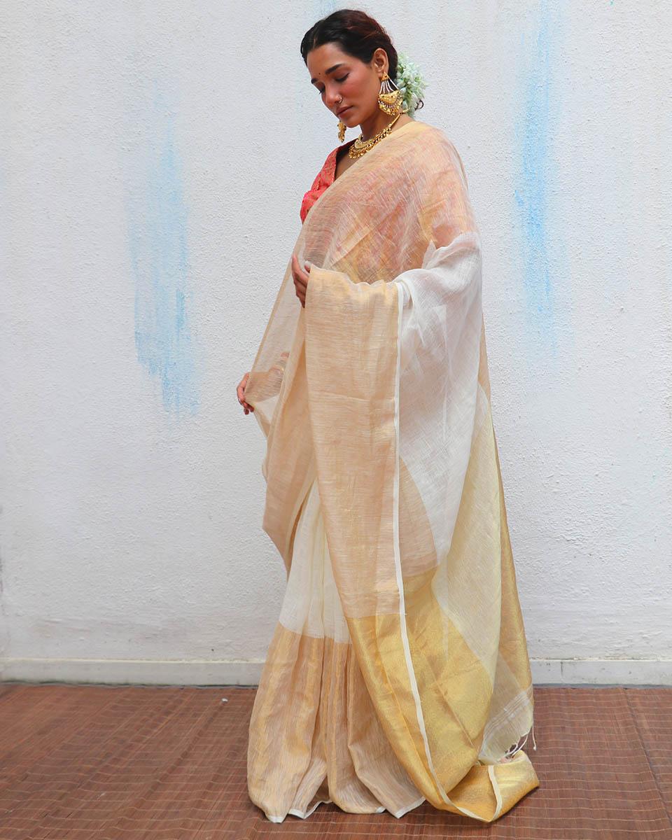 Indumukhi Golden Handwoven Linen Zari Saree - Onam - Image 9