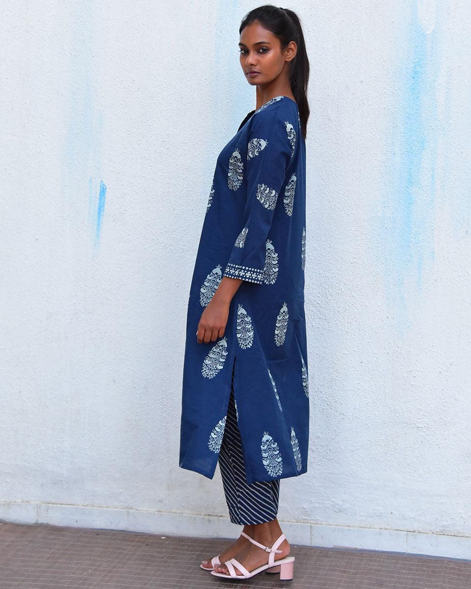 Into The Blue Handblockprinted Cotton Kurta Set - Hmbd - Image 4