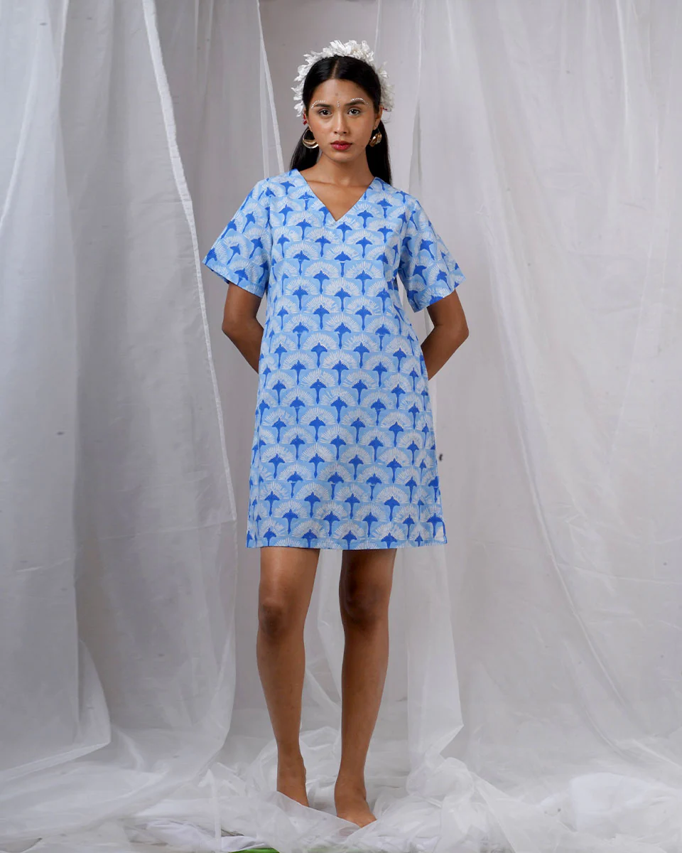 Ira Blue Hand Block Printed Dress-BAD