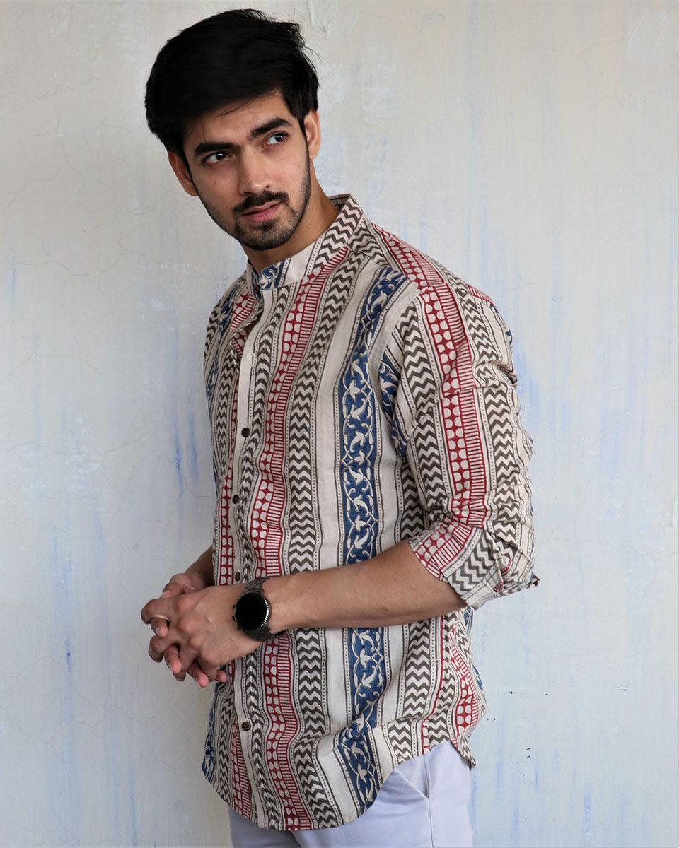 Ivory Block-Printed Men's Shirt - Image 6