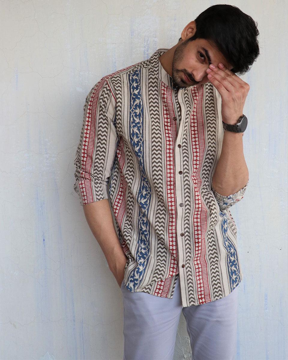 Ivory Block-Printed Men's Shirt - Image 7