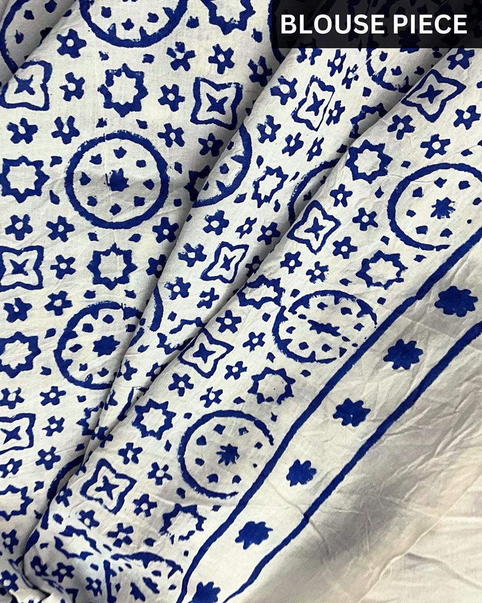 Ivory Blue Block Printed Cotton Mul Saree - Image 4