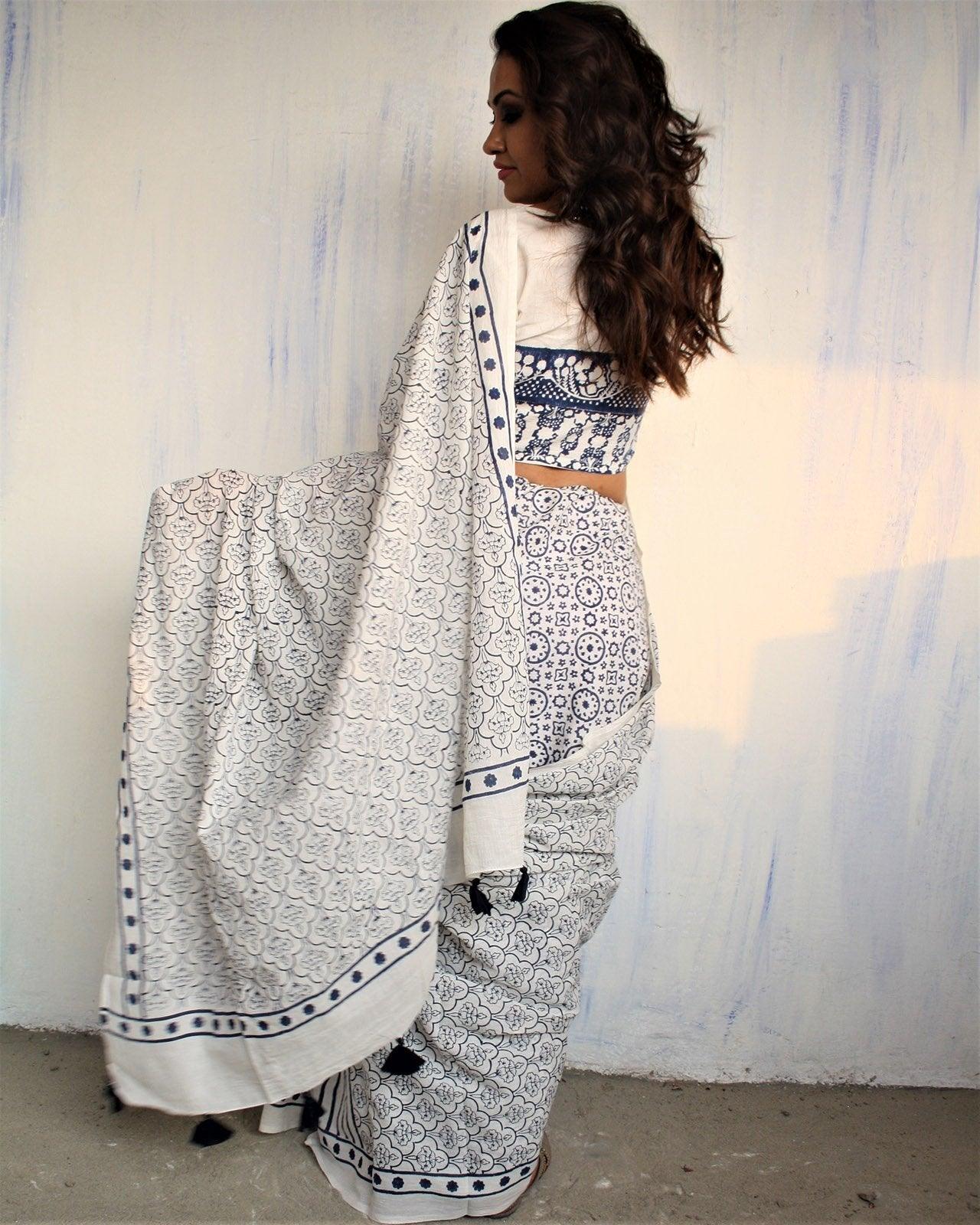 Ivory Blue Block Printed Cotton Mul Saree - Image 6