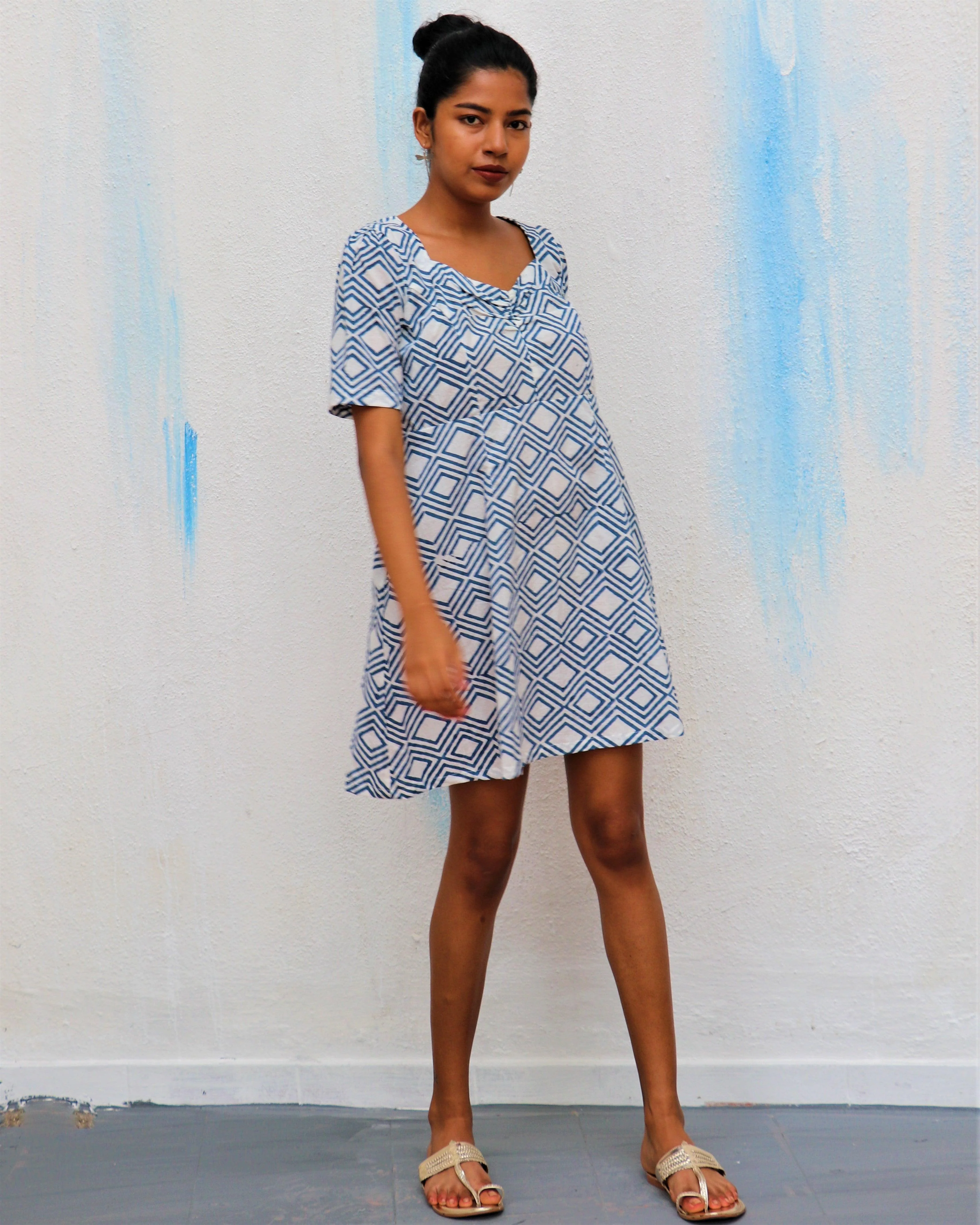 Ivory Diamond Block Printed Cotton Dress - Wic - Image 4