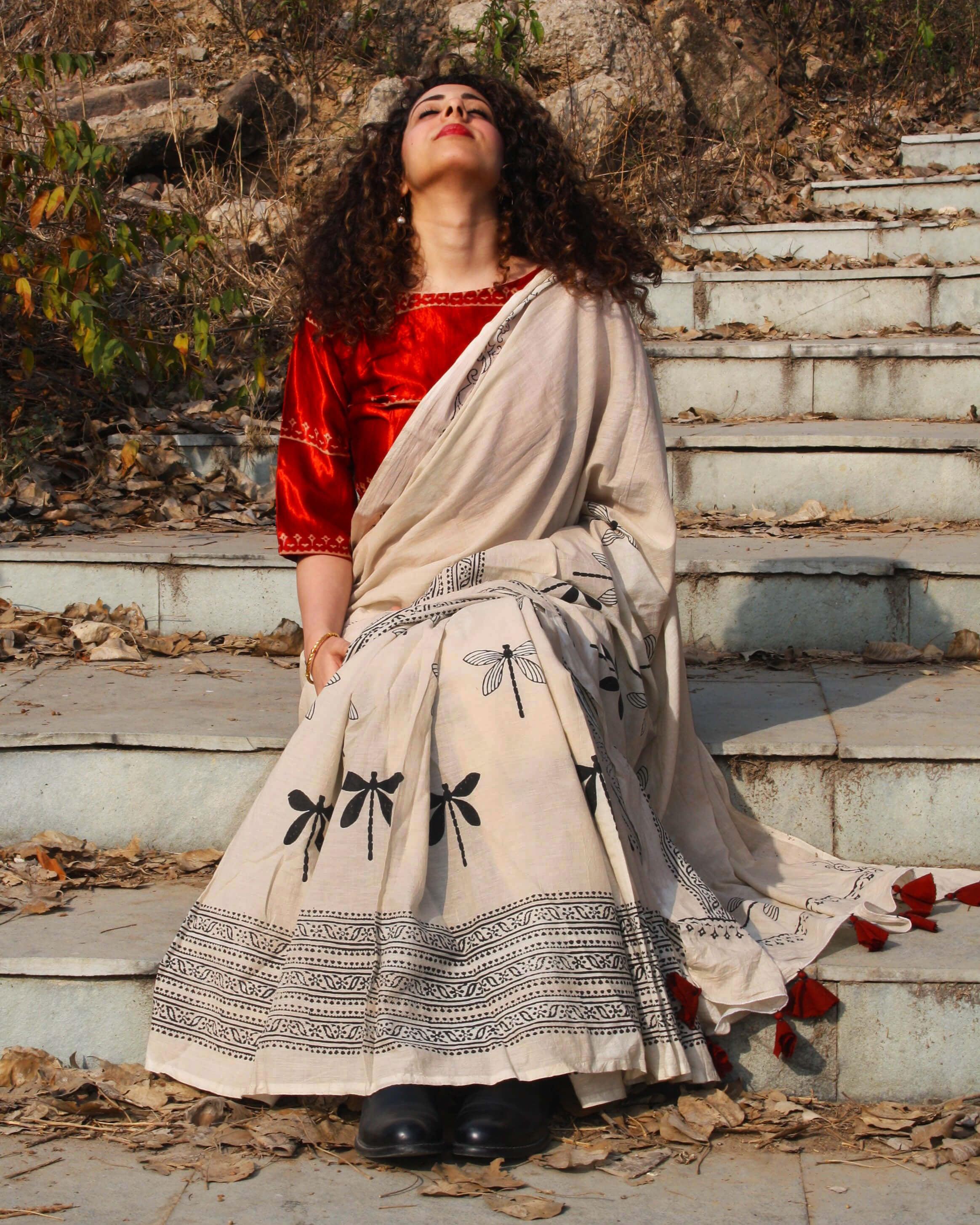 Dragonfly Dawn Handblockprinted Cotton Saree - Image 2