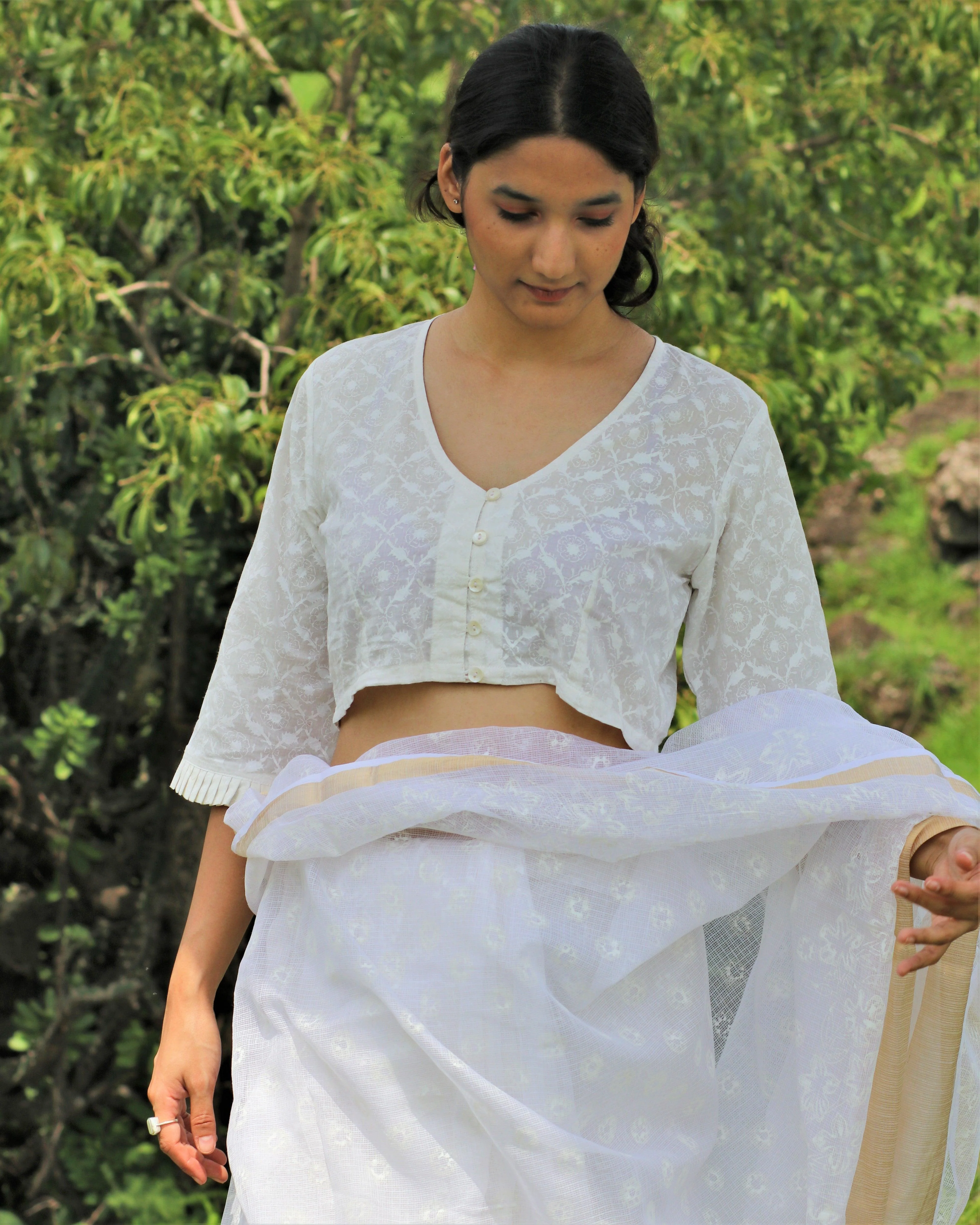 Ivory Pure Cotton Handprinted Blouse-Safed - Image 2