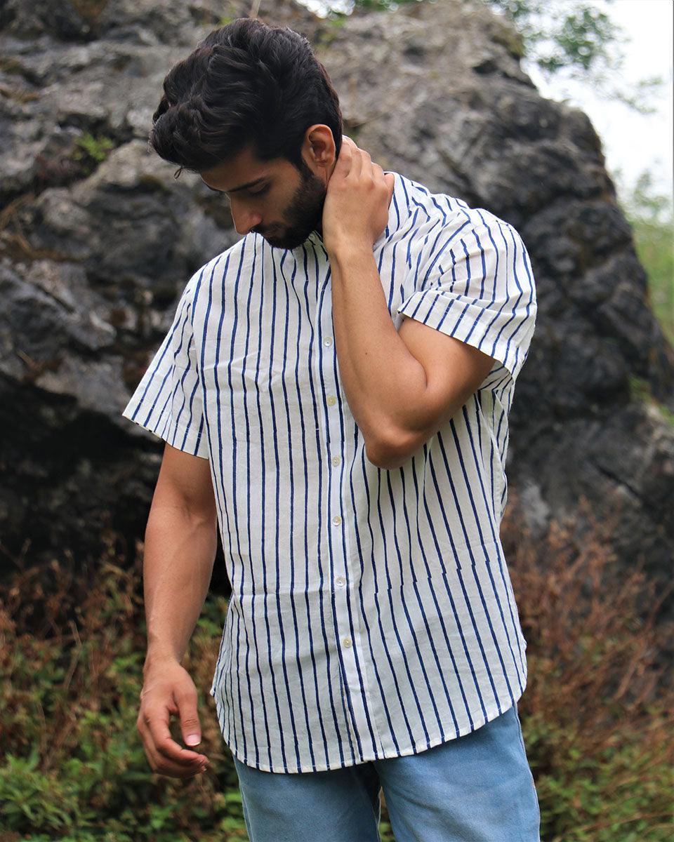 Ivory Striped Block Printed Cotton Half-Sleeved Shirt - Image 5