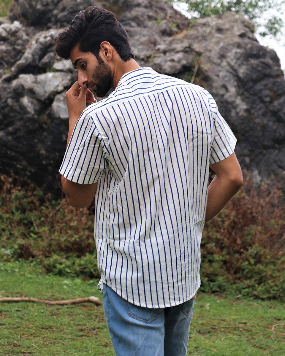 Ivory Striped Block Printed Cotton Half-Sleeved Shirt - Image 7