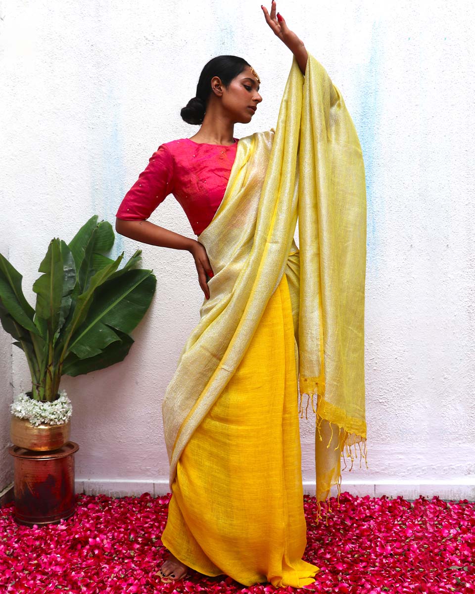 Jasnoor Yellow Handwoven Linen Zari Saree - Eknoor - Image 10