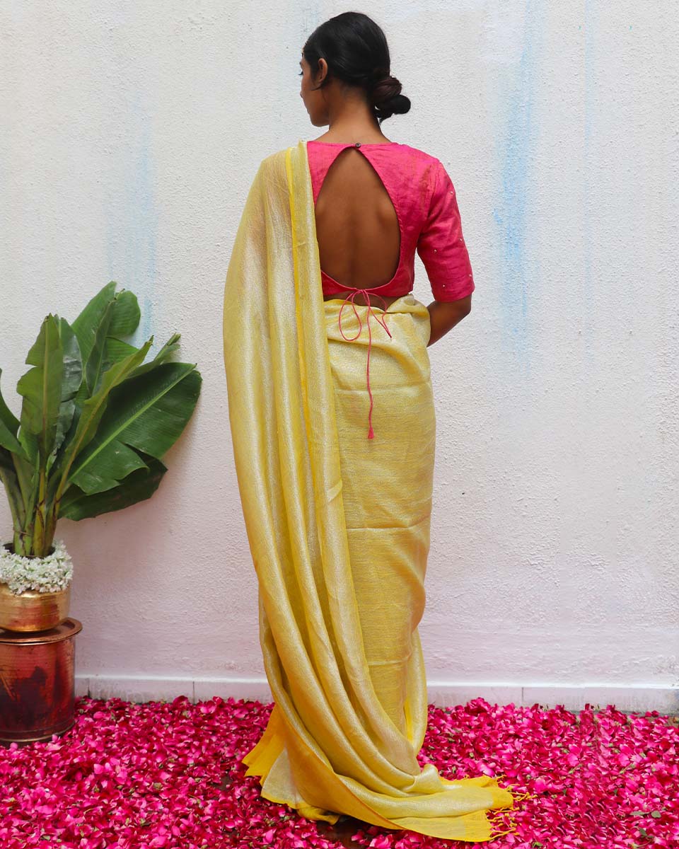Jasnoor Yellow Handwoven Linen Zari Saree - Eknoor - Image 11