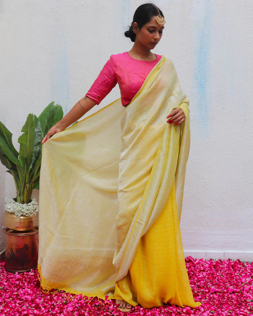 Jasnoor Yellow Handwoven Linen Zari Saree - Eknoor - Image 16