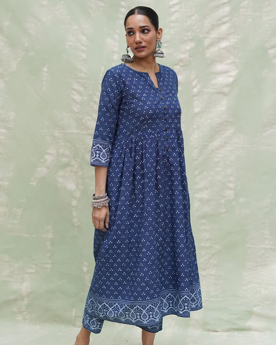 Jogi Blue Handblock Print Cotton Kurta Set - INDI - Image 2