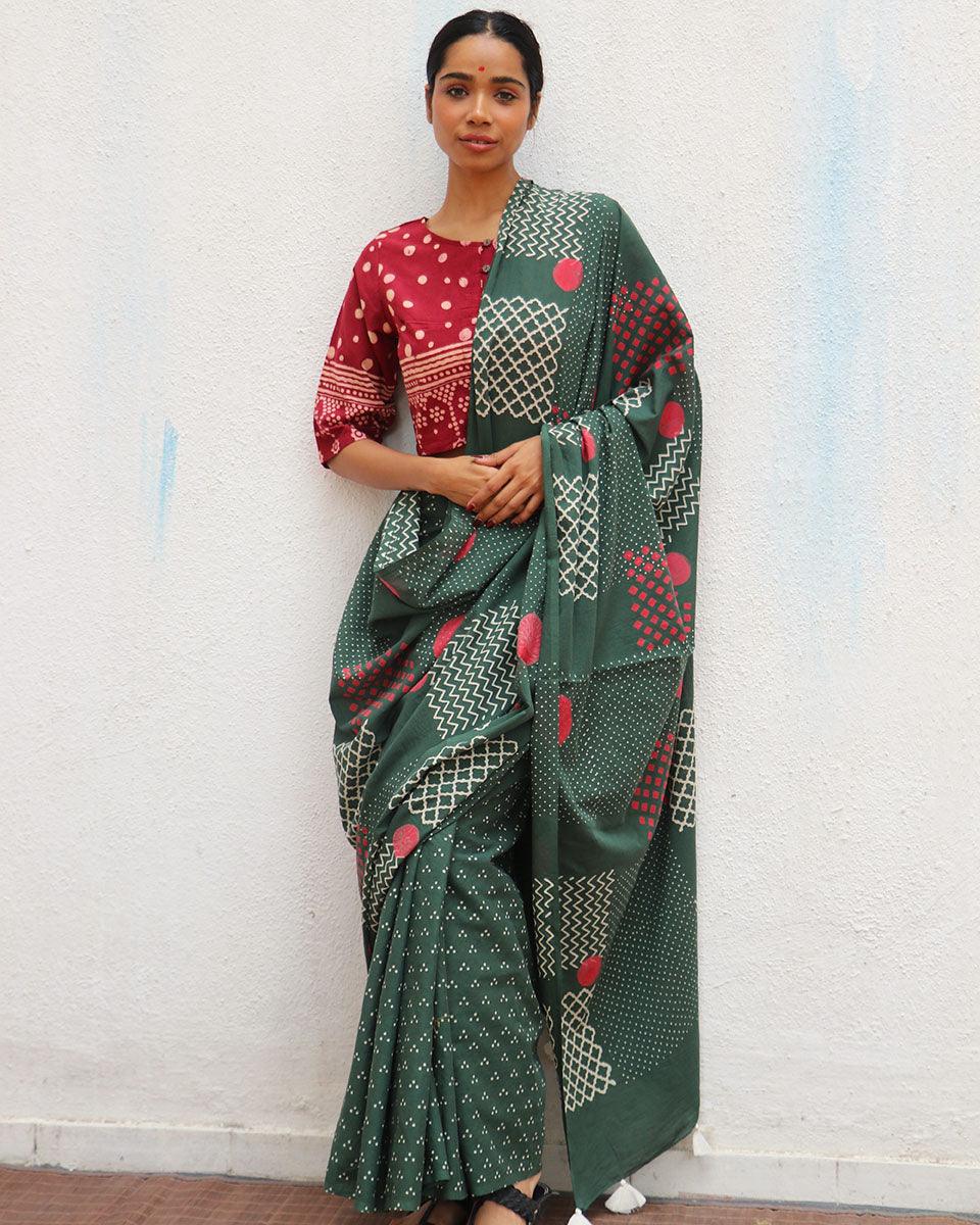 Juliet's Waltz Green Handblock Printed Cotton Saree