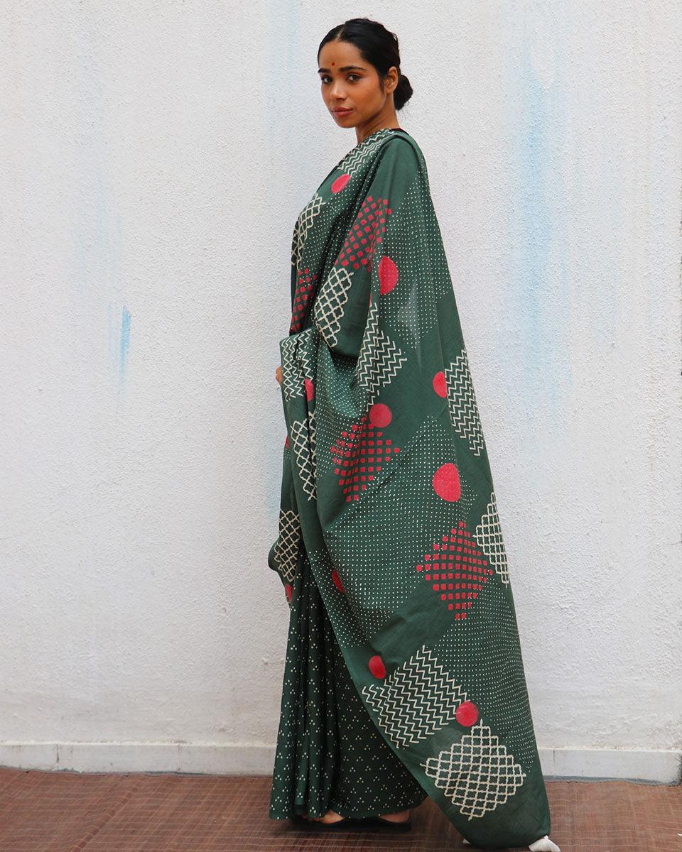 Juliet's Waltz Green Handblock Printed Cotton Saree - Image 5