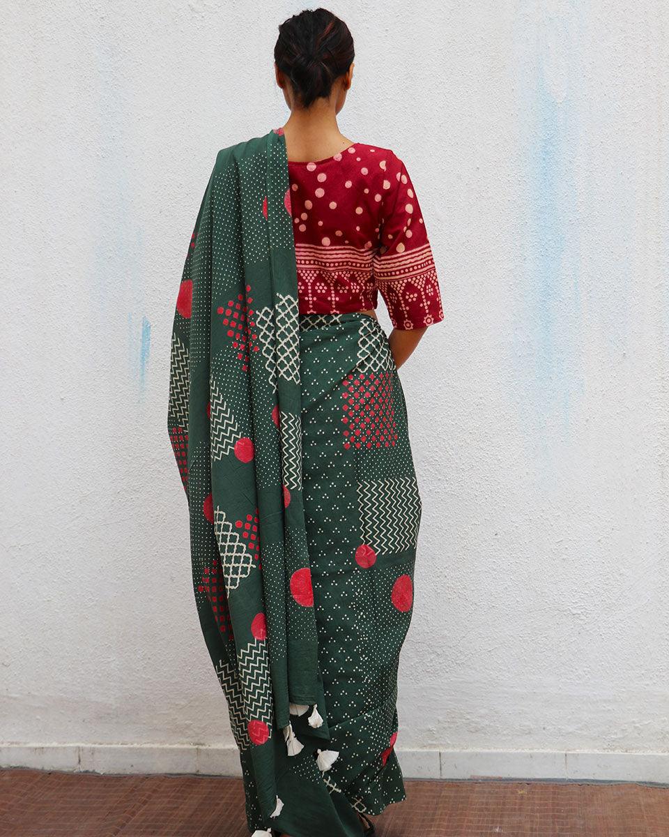 Juliet's Waltz Green Handblock Printed Cotton Saree - Image 6