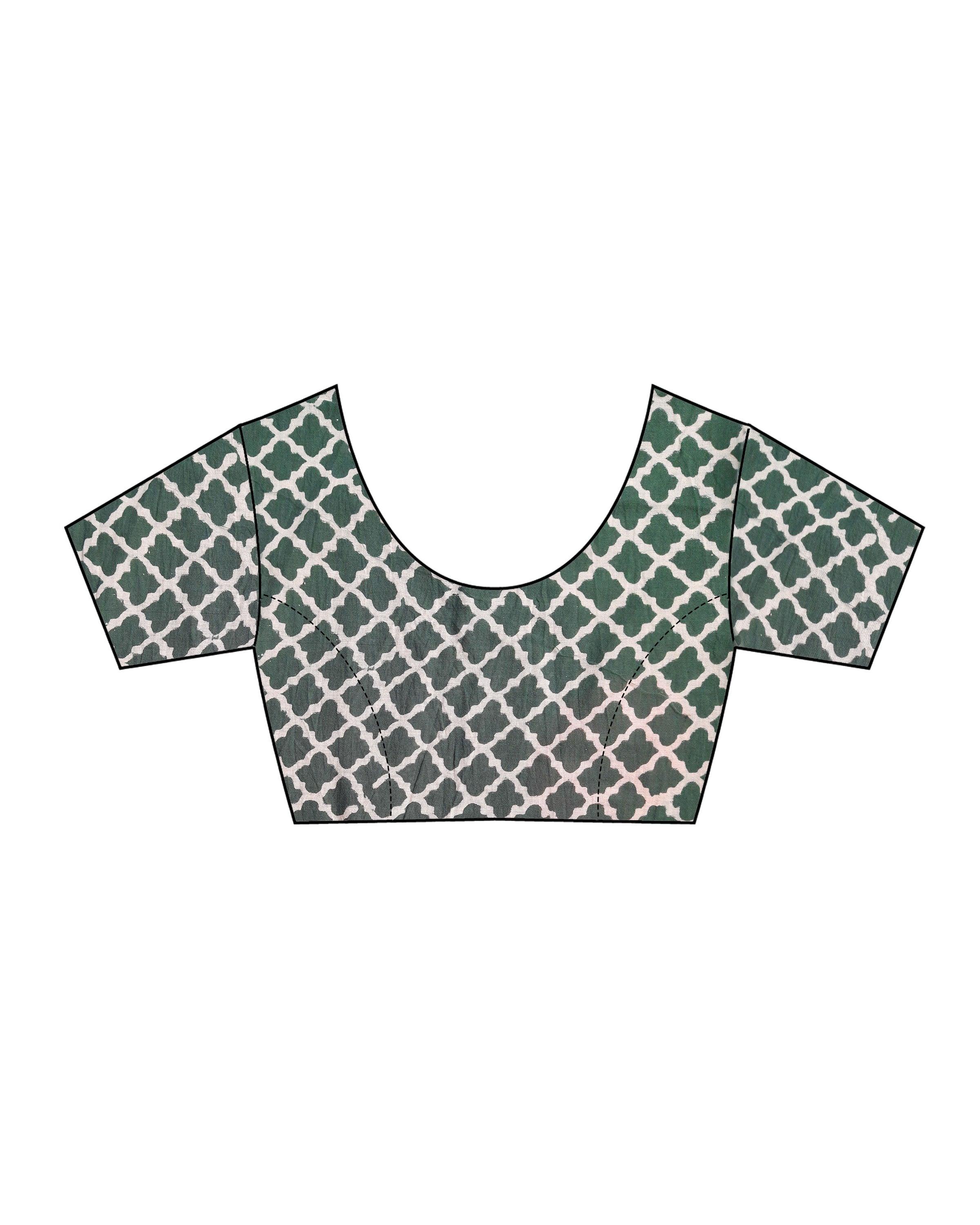 Juliet's Waltz Green Handblock Printed Cotton Saree - Image 7