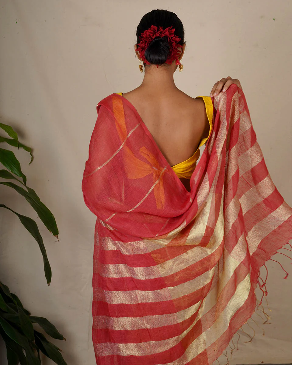 Jyotsna Maroon Handwoven Linen Zari Saree - Eknoor - Image 10