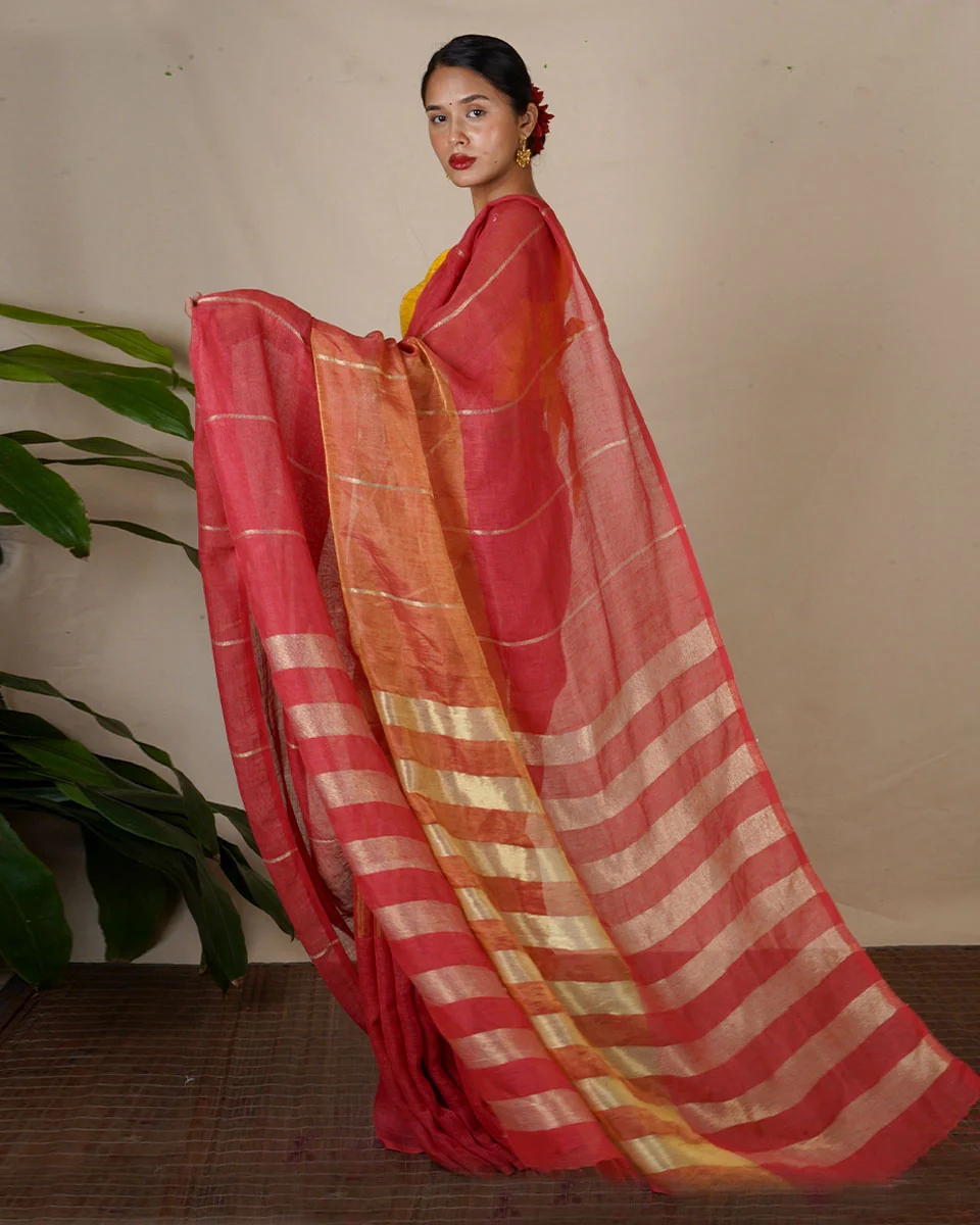 Jyotsna Maroon Handwoven Linen Zari Saree - Eknoor - Image 4