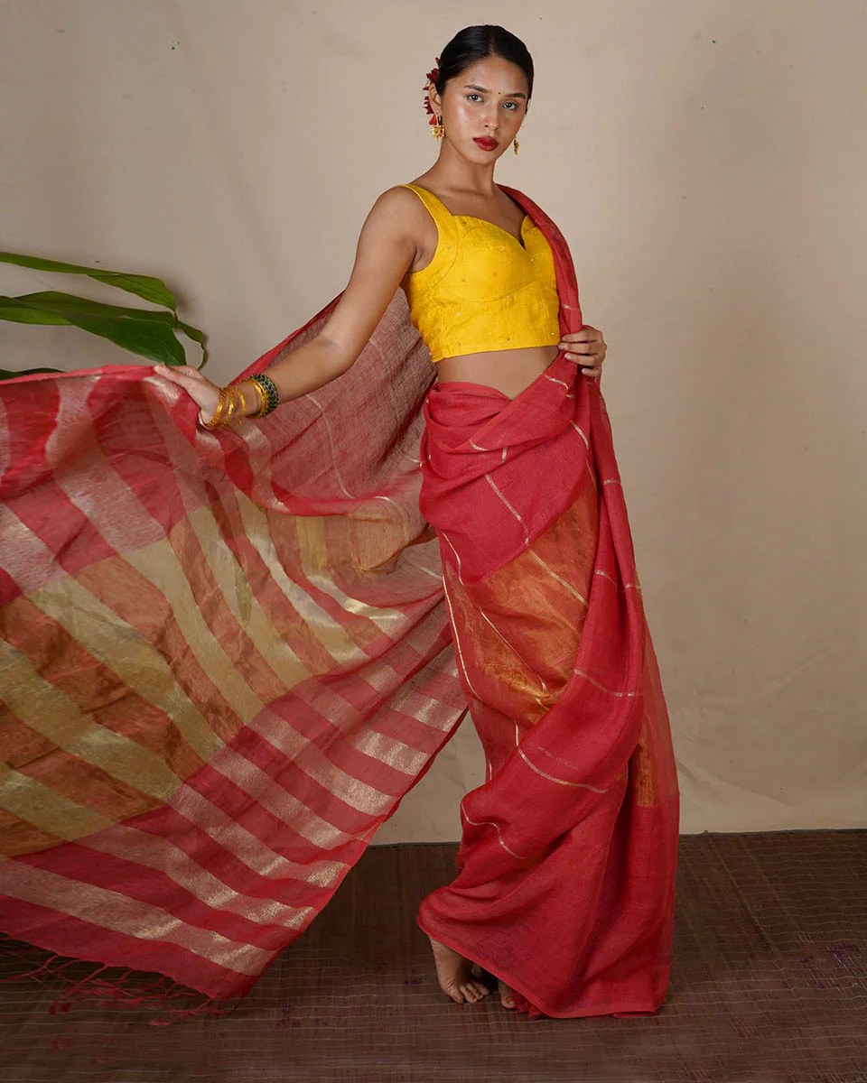 Jyotsna Maroon Handwoven Linen Zari Saree - Eknoor - Image 8