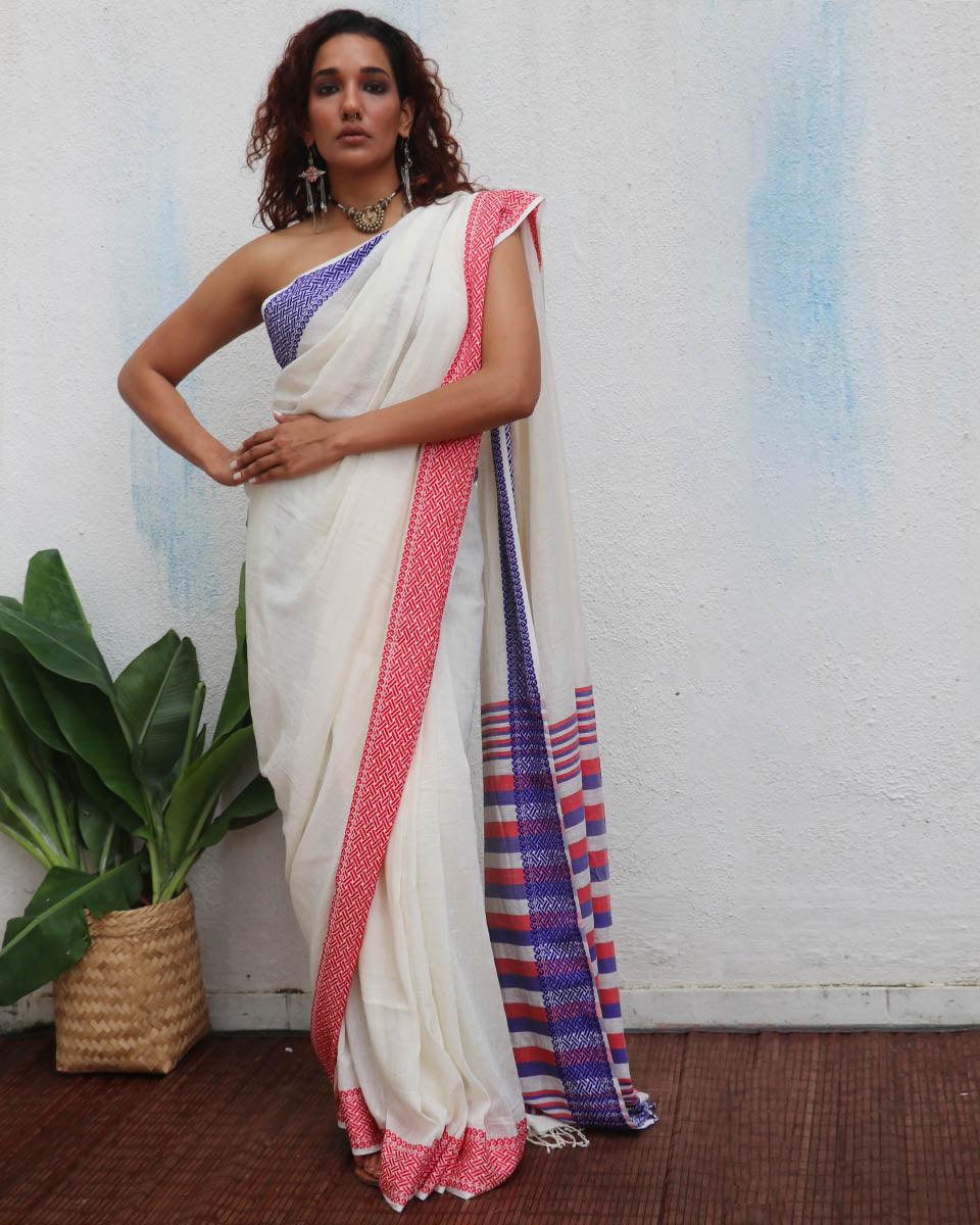 Katyayani Ivory Handwoven Linen Cotton Jamdani Saree - Uma - Image 5