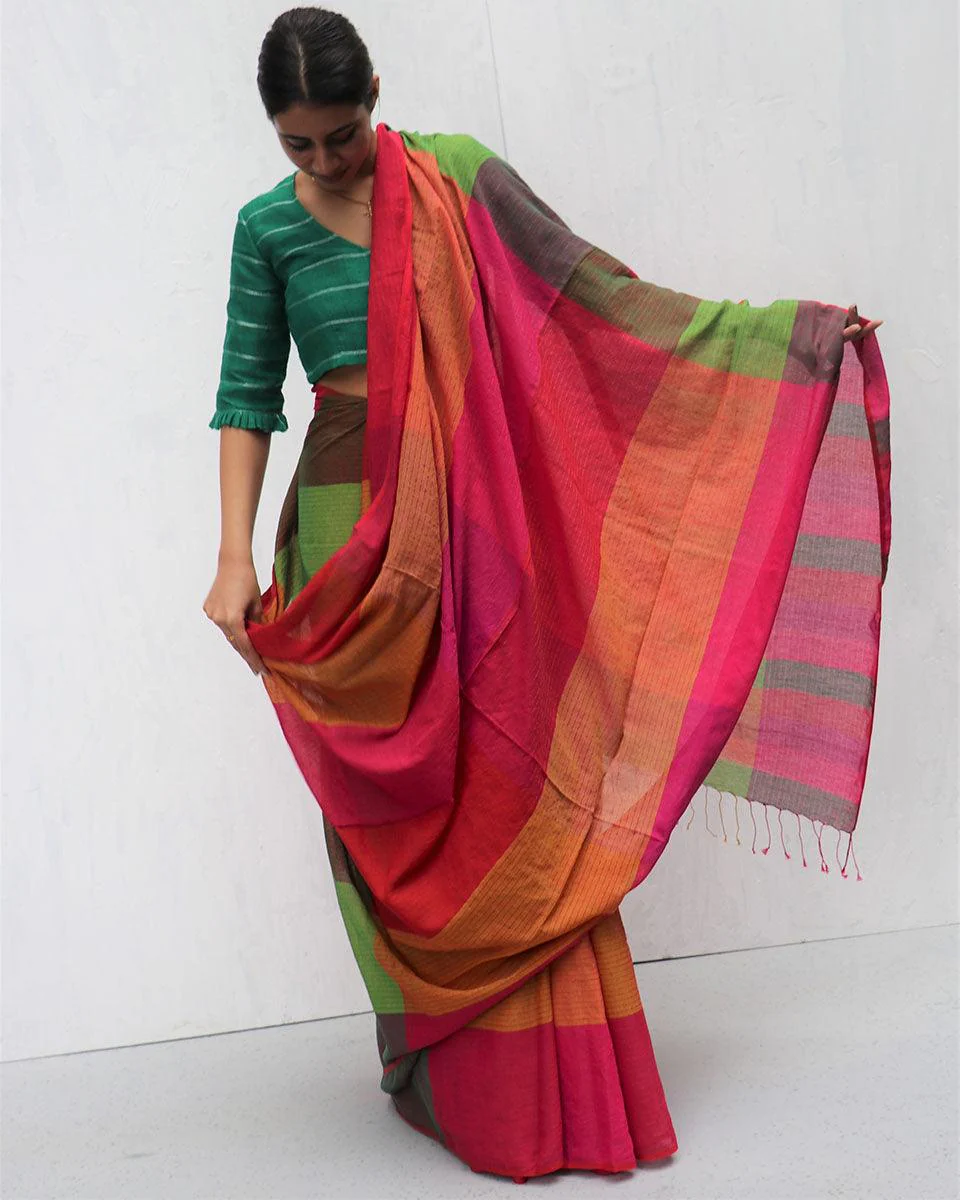 Kavin Handwoven Cotton Saree-Madras - Image 6
