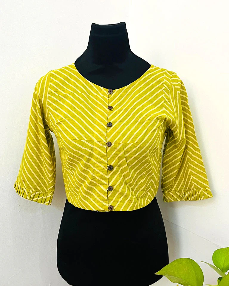 Kesarika Yellow Handblock Print Cotton Blouse - Noor