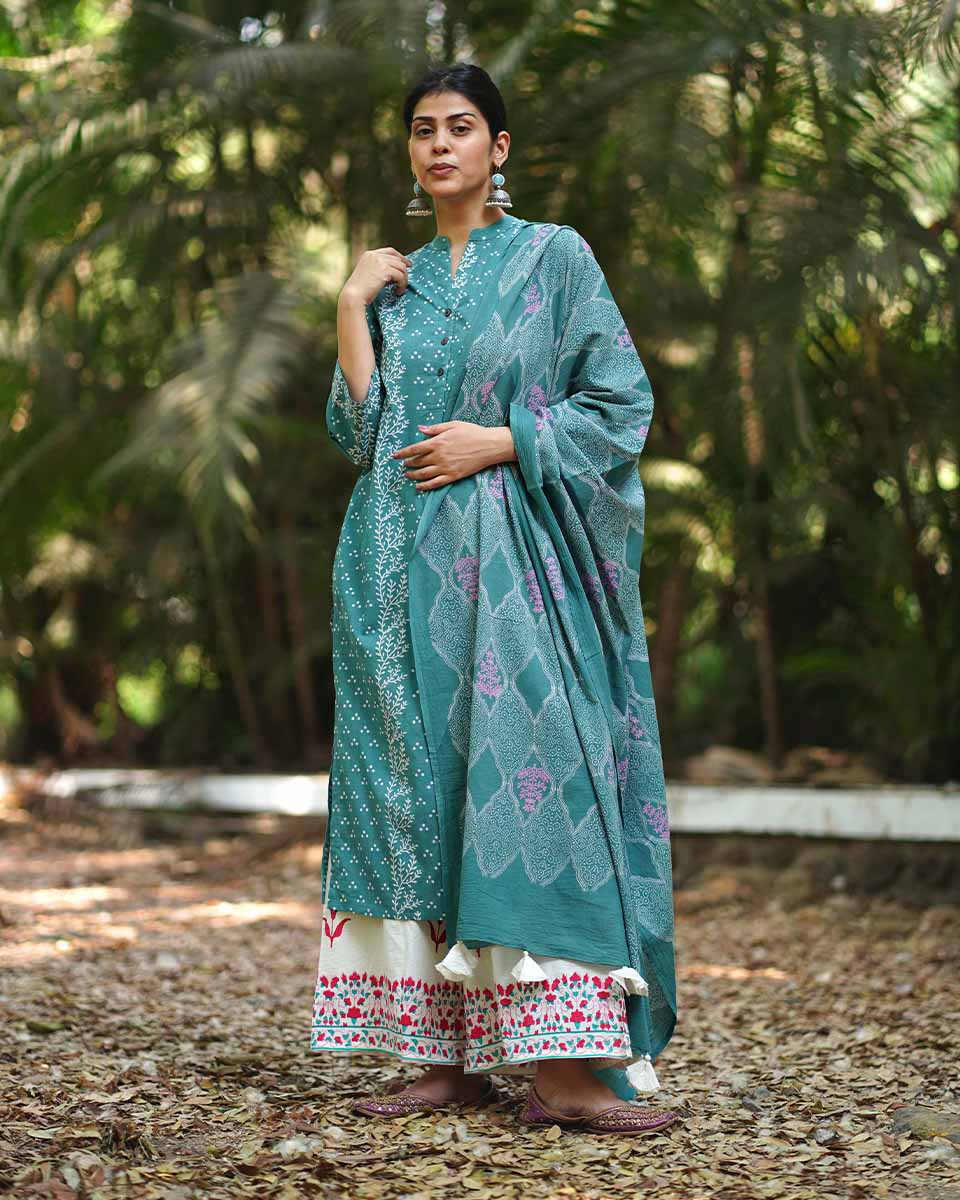 Kiss of the Carnation Teal Green Block Printed Dupatta - MMG - Image 5