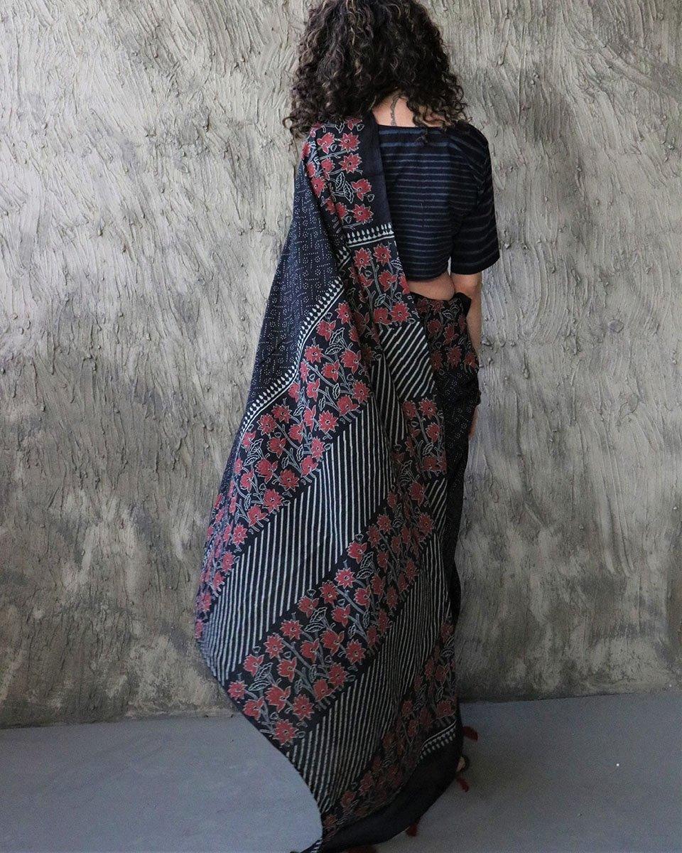 Nazmiyah Handblockprinted Cotton Saree - Kohl - Image 2