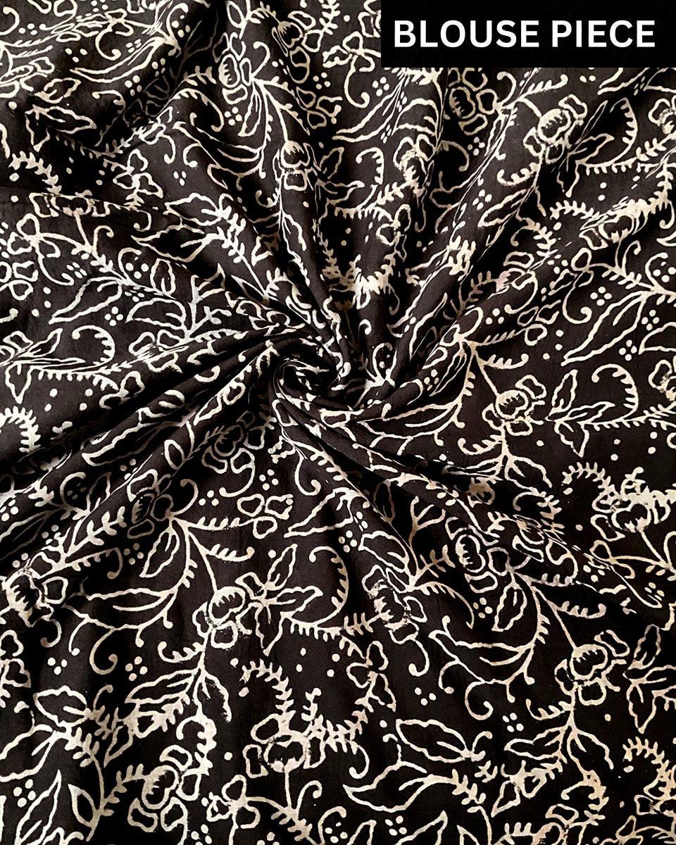 Nazmiyah Handblockprinted Cotton Saree - Kohl - Image 4