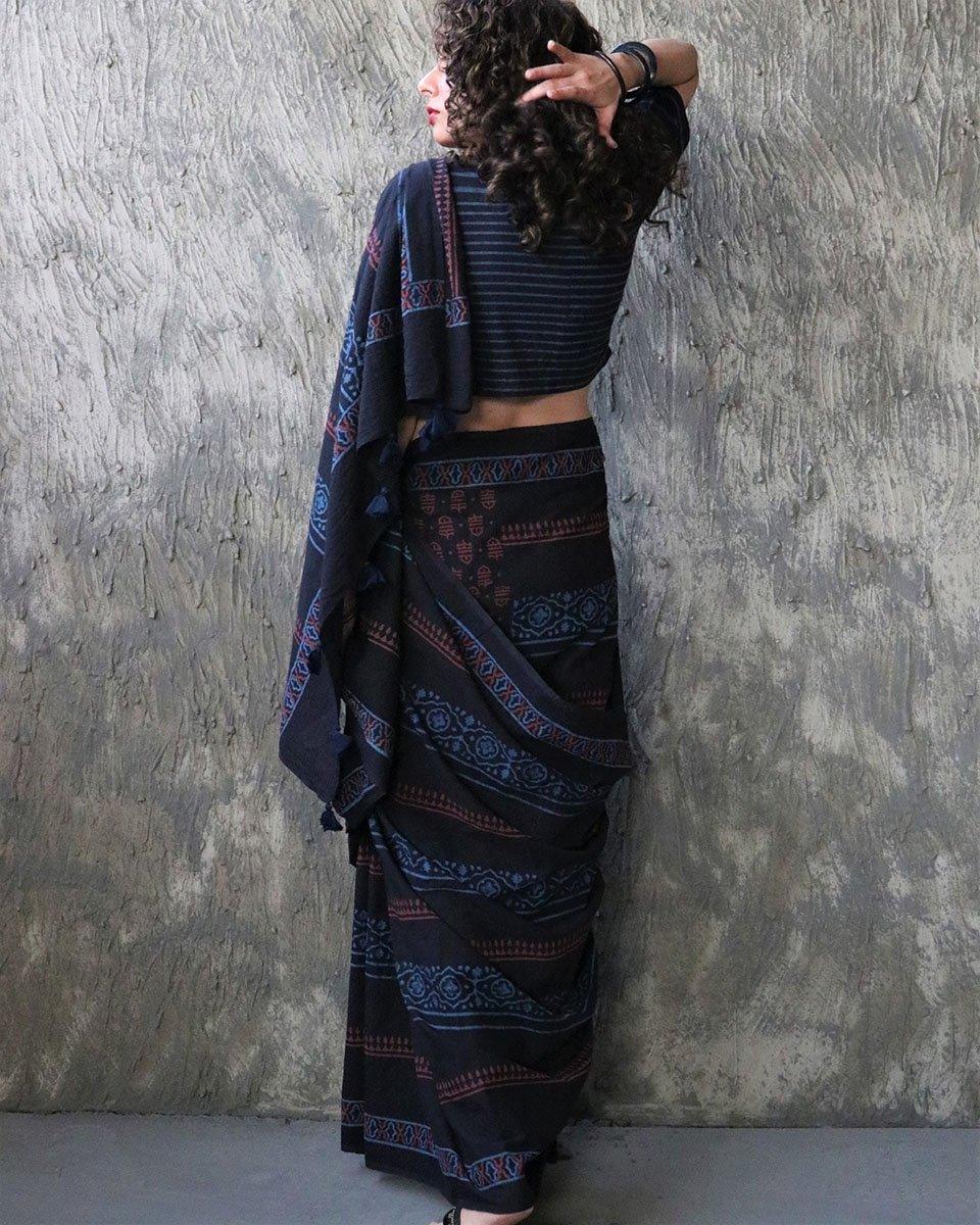 Zoya Handblockprinted Cotton Saree - Kohl - Image 5